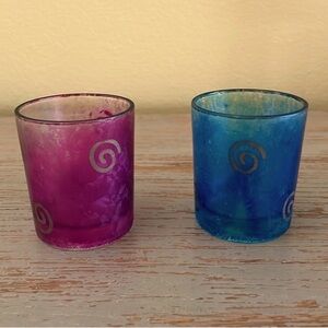 VINTAGE 90s PIER 1 Pink and Blue Glass Votive Tealight Holders India Decoupage